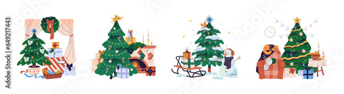 Merry Xmas time. Green Christmas tree with balls, garland, candies. Snowman near newyear fir, socks on fireplace, patterned gifts, wreath. New year symbols flat isolated vector illustration on white