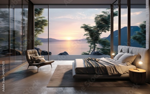 Modern cosy villa bedroom interior in a minimal style. luxury Glass house in the mountains. Magnificent sea or lake view from the bedroom of a modern villa on a sunrise © lanters_fla