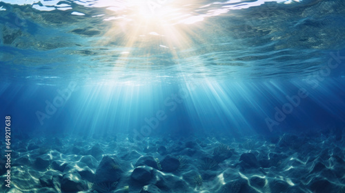 underwater background with sun rays through water