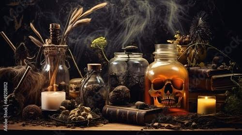 Witchs Skull ceremony with ritual magic items Magic