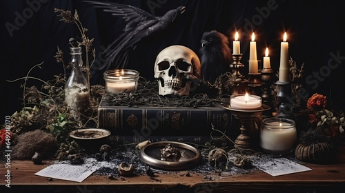 Witchs Skull ceremony with ritual magic items Magic