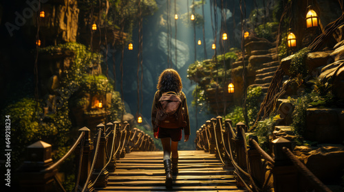 Enchanting scene of joyful child on first step of infinite wooden stairs in a whimsical forest with vibrant plain background, exuding wonder and imagination.