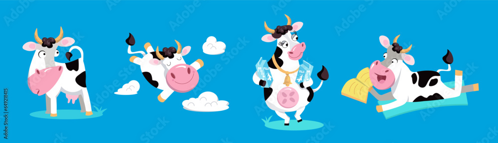 Naklejka premium Cute funny set cows. Vector illustration, cartoon animal characters. Isolated icons for design.
