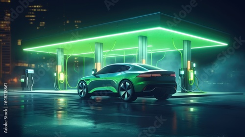 A green car is parked in front of a gas station