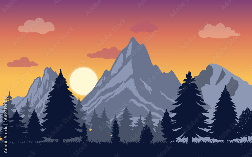 sunset landscape vector with mountain, pine forest, beautiful golden hour sky