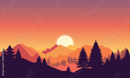 sunset in the mountains with pine tree forest
