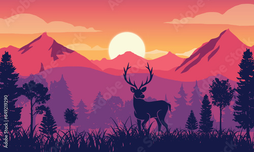forest landscape with a deer, mountain, and beautiful sunset in the background, cinematic color grading. vector art