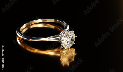 Diamond ring placed on glossy background 3d rendering.
