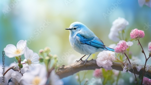 A blue bird sits on a white flower with the background