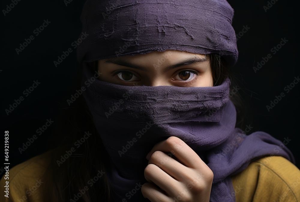 Close up of a beautiful woman's eyes in a purple scarf. Close up of a beautiful woman's eyes in a purple scarf.