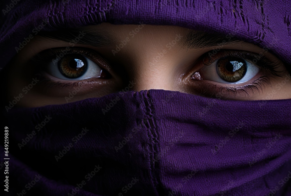 Close up of a beautiful woman's eyes in a purple scarf. Close up of a beautiful woman's eyes in a purple scarf.