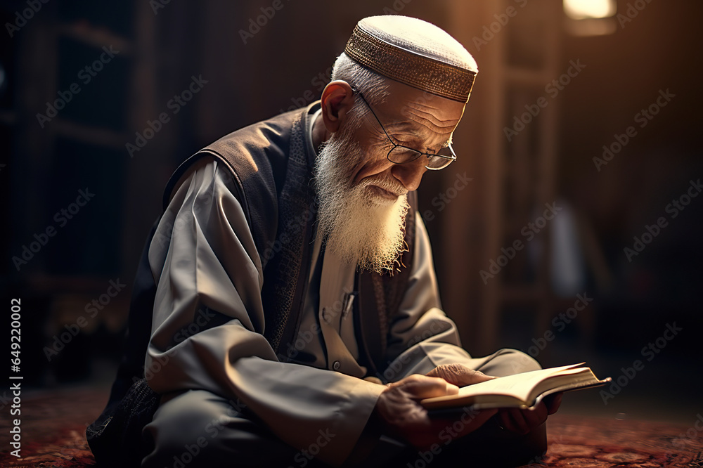 Devotion and Faith Elderly Muslim Man Engrossed in Quran Reading During Prayer. created with Generative AI Devotion and Faith Elderly Muslim Man Engrossed in Quran Reading During Prayer. created with Generative AI
