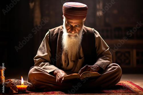 Obraz na plátně Devotion and Faith Elderly Muslim Man Engrossed in Quran Reading During Prayer