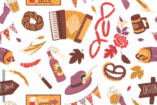 Vector seamless pattern for celebrating Oktoberfest. Festival of beer and attractions in Munich. Traditional attributes and decorations. German drinking culture.