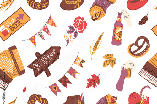 Vector seamless pattern for celebrating Oktoberfest. Festival of beer and attractions in Munich. Traditional attributes and decorations. German drinking culture.