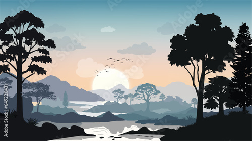 Beautiful sunrise landscape with mountain  lake  trees  sky with clouds  birds  vector art  sunrise in the mountains