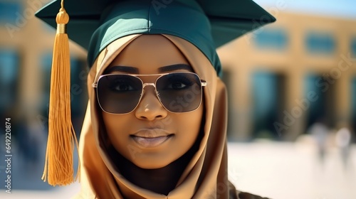 African American muslim female graduate wearing a headscarf and sunglasses in graduation cap graduating from high school or university. © visoot