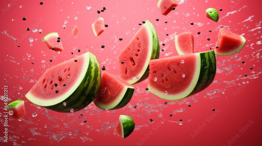 Watermelon in a splash of water. Few raw juicy fruit.Ripe watermelon cut into pieces flying in the air, with splash of water Watermelon in a splash of water. Few raw juicy fruit.Ripe watermelon cut into pieces flying in the air, with splash of water