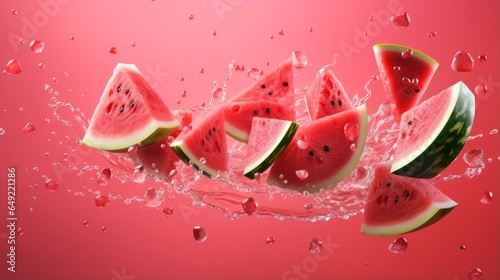 Watermelon in a splash of water. Few raw juicy fruit.Ripe watermelon cut into pieces flying in the air, with splash of water