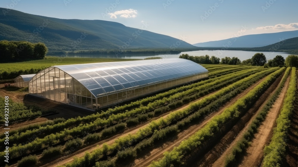 Aerial view, Greenhouse with photovoltaic solar panel.