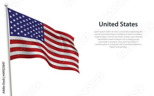 Waving flag of United States on white background. Template for independence day