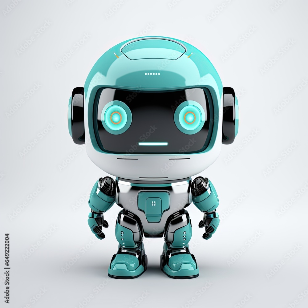 Small cute robot looking at camera on a white background. Generative AI Small cute robot looking at camera on a white background. Generative AI