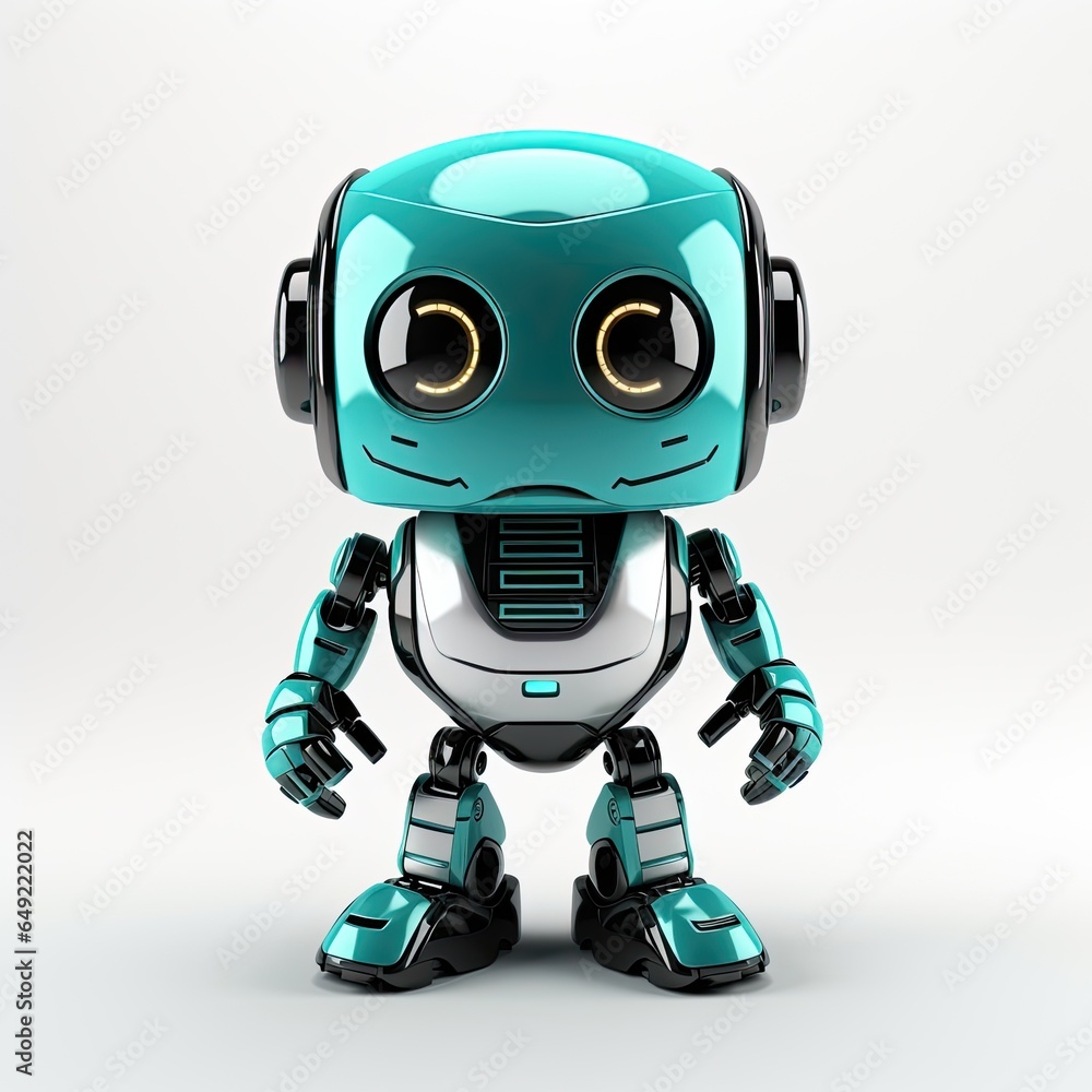 Small cute robot looking at camera on a white background. Generative AI Small cute robot looking at camera on a white background. Generative AI