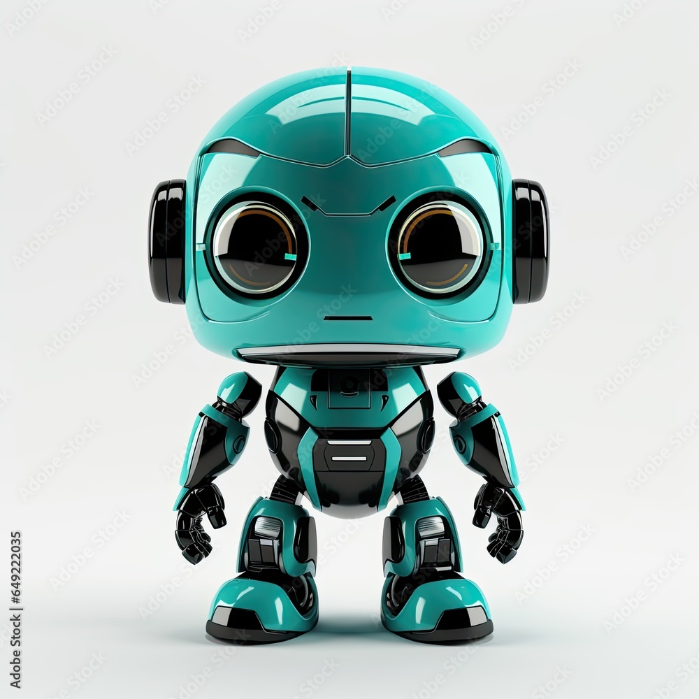 Small cute robot looking at camera on a white background. Generative AI Small cute robot looking at camera on a white background. Generative AI
