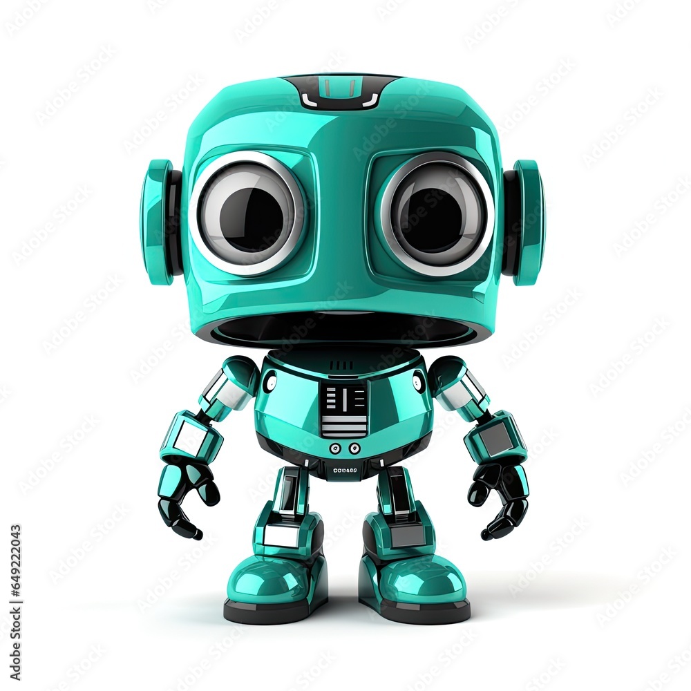 Small cute robot looking at camera on a white background. Generative AI Small cute robot looking at camera on a white background. Generative AI