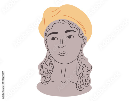Female mythical goddess, antique flat head. Gypsum stone Greek woman statue with beret headdress. Vector isolated cartoon illustration.