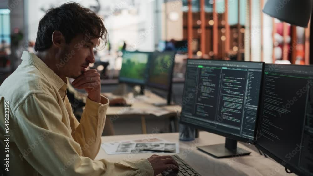 Male Caucasian Game Programmer Coding On Desktop Computer In Game ...