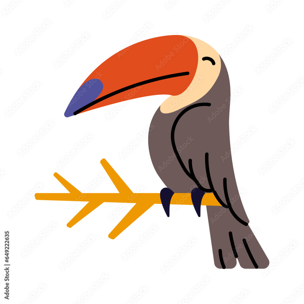 Fototapeta premium Wild jungle animal. Exotic bird from tropical forest, rainforest. Toucan with big colorful beak sit on branch. Black tocan relax, rest. Zoo flat isolated vector illustration on white background