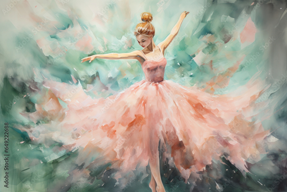 graceful girl in a ballet dress drawn in watercolor - obrazy, fototapety, plakaty 