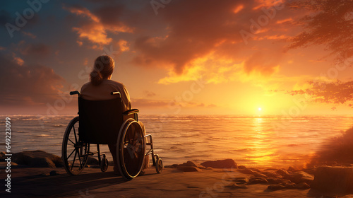 old woman in a wheelchair looking at the sunset, back view.ai generative