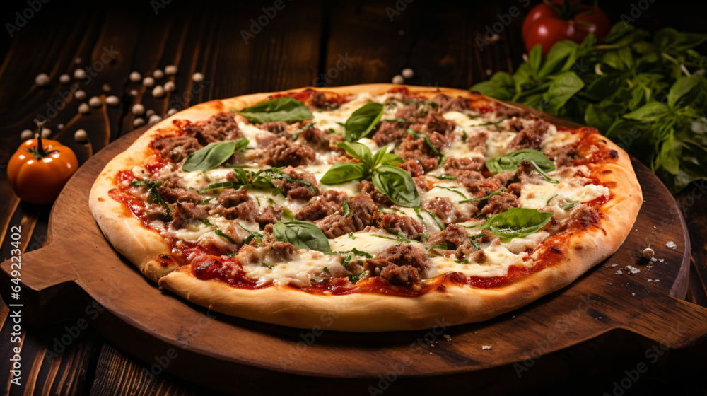 Pizza with veal shoulder with cheese and basil