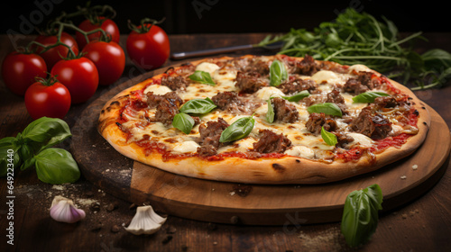 Pizza with veal shoulder with cheese and basil