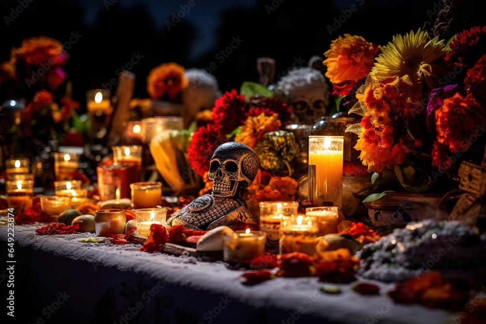 Day of the dead altar with sugar skulls