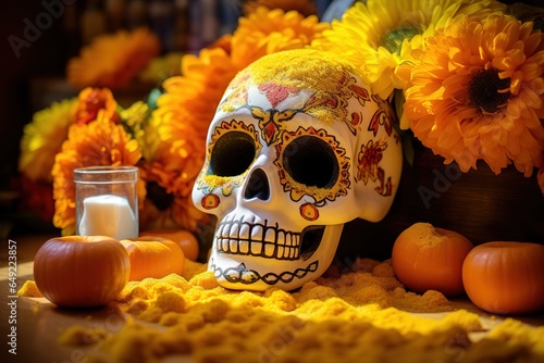 Sugar Skull for Mexican Day of the Dead with decorations photo