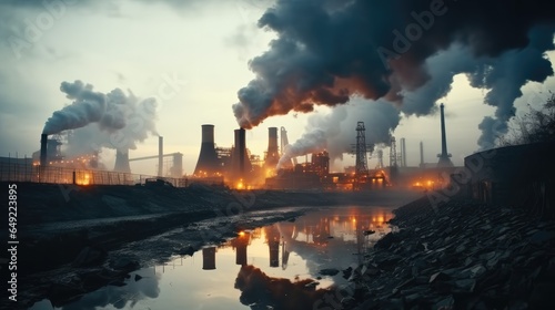 Heavy industry factory rising toxic smoke emitting into air, Environmental Pollution, Negative impact of industrial pollution on the environment.