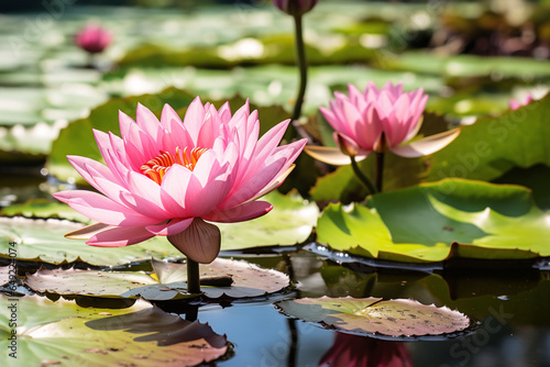 A lotus pond in full bloom with a dragonfly perched on a petal, showcasing the love and creation of serenity and the harmony of coexistence, love and creation