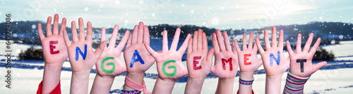 Children Hands Building Engagement Means Commitment, Winter Background