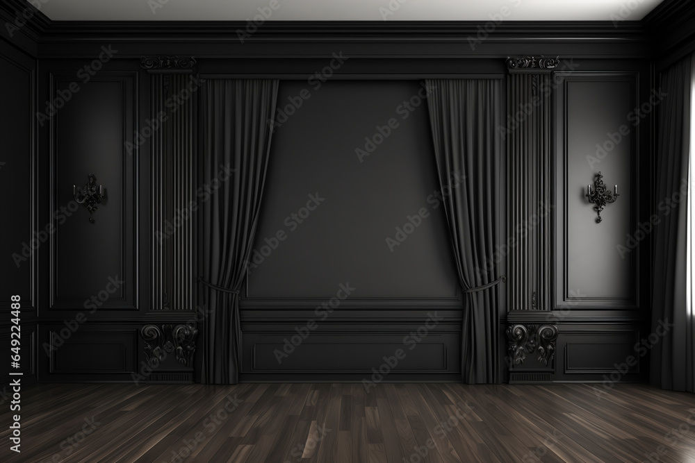 A wood floor and a modern classic black interior wall with moldings, curtains, and a hidden entrance. mock up for an illustration.ai generative - obrazy, fototapety, plakaty 