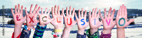Children Hands Building Word Exclusivo means Exclusive, Winter Background