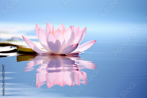 A lotus petal gently falling onto a serene pond with a reflection of a clear blue sky, symbolizing the love and creation of grace and the elegance of transitions, love and creation