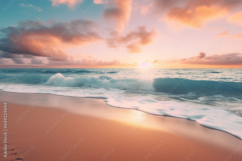 A pristine beach at sunrise, illustrating the love and creation of serene coastal mornings, love and creation