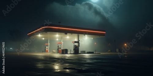 Cinematic shot of a gas station at foggy night