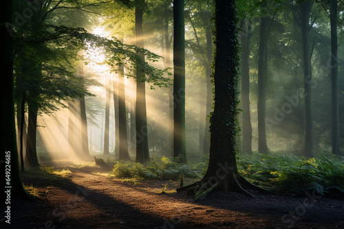 A tranquil forest during dawn, expressing the love and creation of peaceful woodland scenes, love and creation