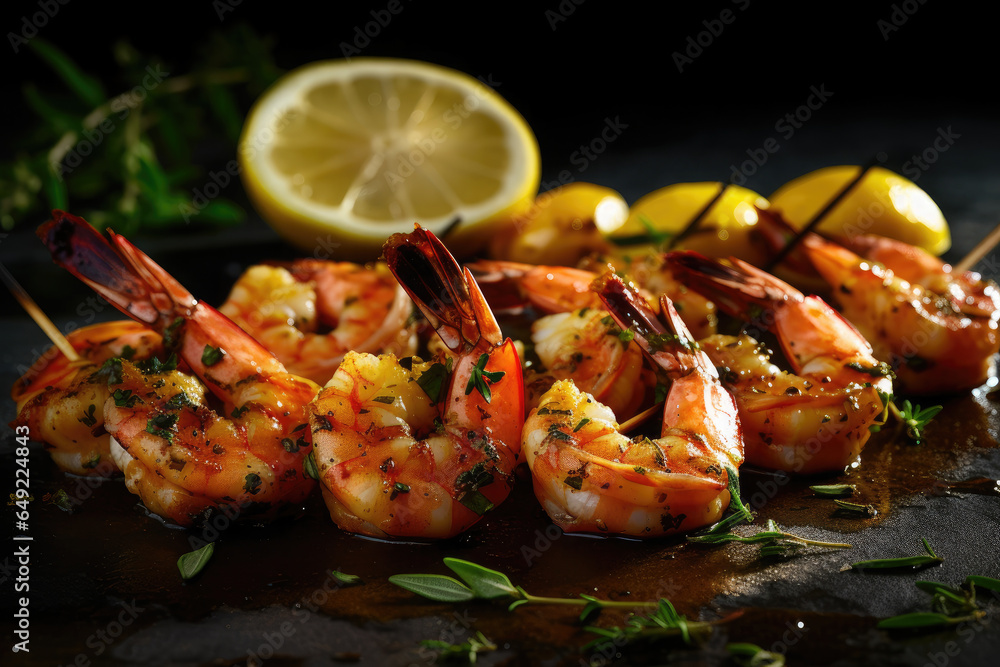 Plate of shrimp with lemon wedges on the side , Generative AI Plate of shrimp with lemon wedges on the side , Generative AI