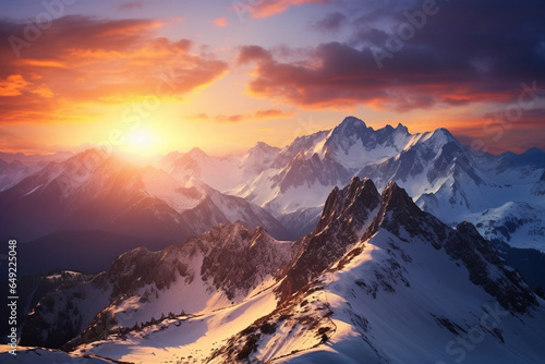 A mountain range at sunrise, showcasing the love and creation of breathtaking alpine vistas, love and creation