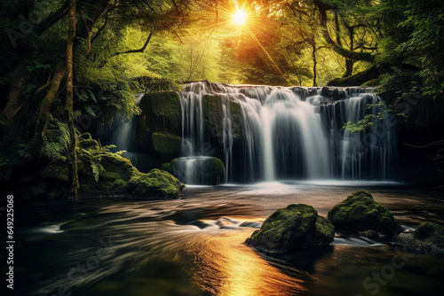 A pristine waterfall in a lush forest at sunrise, portraying the love and creation of enchanting woodland water features, love and creation © Лариса Лазебная